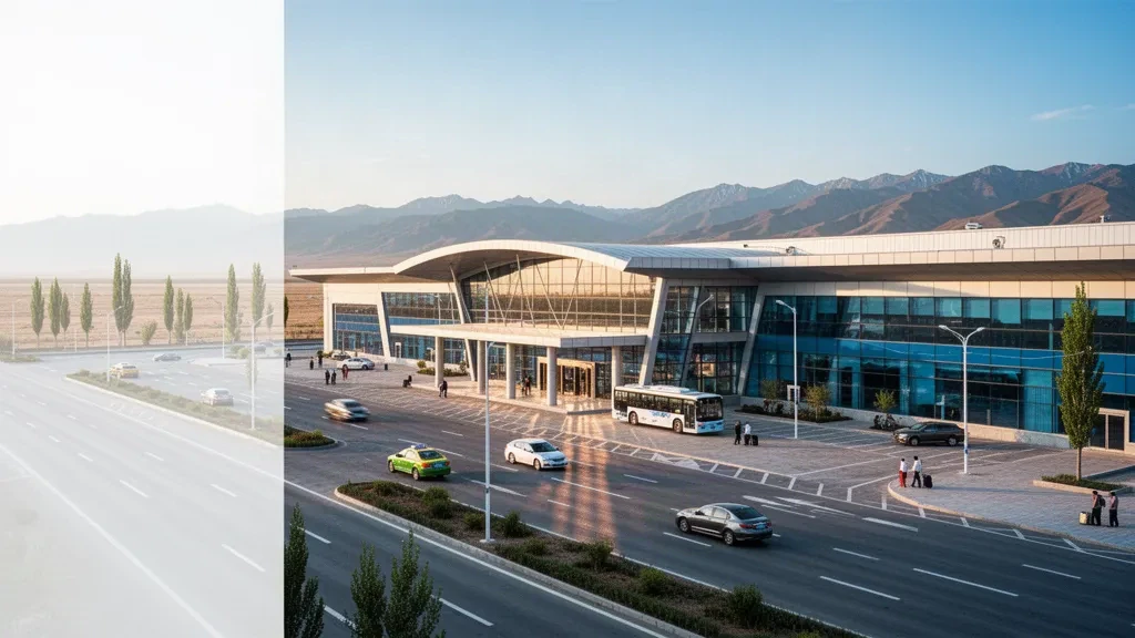 Modern glass terminal and drop-off lanes at Tacheng Qianquan Airport in Xinjiang during golden hour.