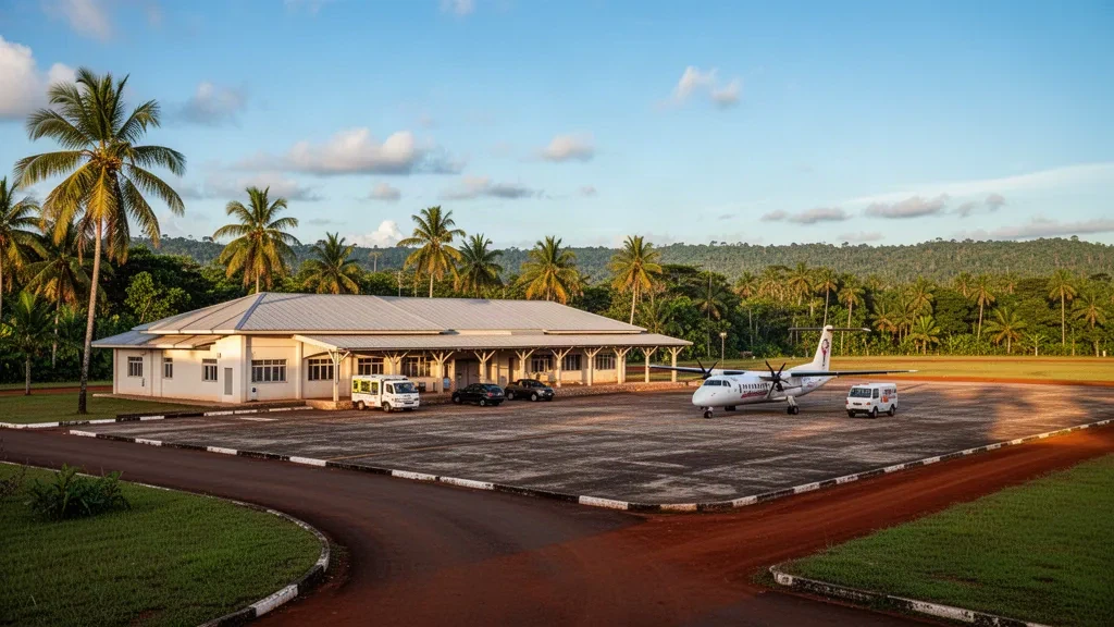 Tchibanga Airport terminal and apron in Gabon with a twin-turboprop aircraft, palm trees and warm late-afternoon tropical light