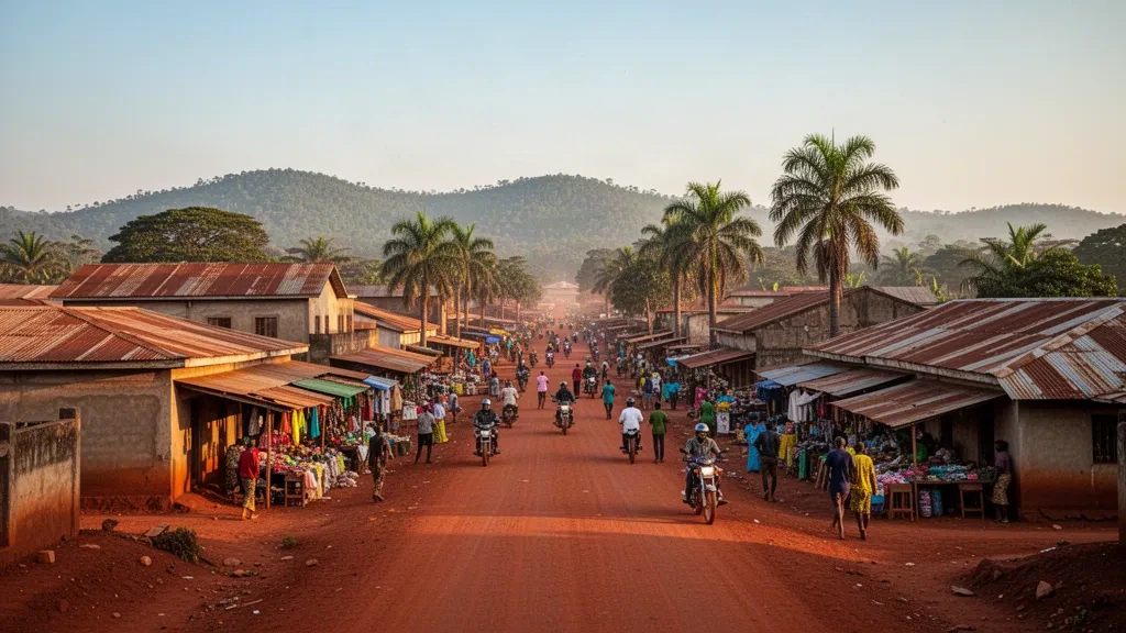 Veduta di Gemena nella provincia del Sud-Ubangi, RD Congo, durante l'ora d'oro, con strade di mercato, palme ed edifici bassi sotto un cielo caldo.