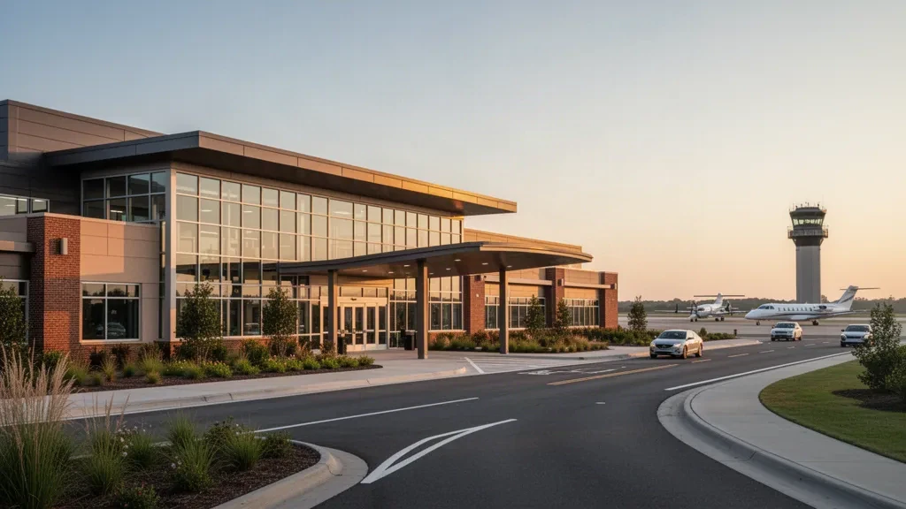 Modernes gläsernes Terminal und Vorfahrtspuren am Tuscaloosa National Airport in Alabama zur goldenen Stunde