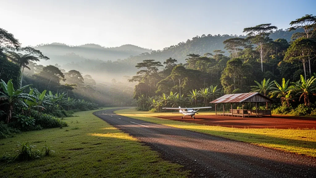 Pista di atterraggio remota dell'Aeroporto di Tinboli in Papua Nuova Guinea circondata dalla foresta pluviale e da creste montuose nebbiose all'alba