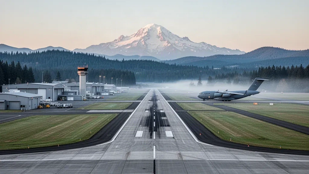 Vista amplia del campo de aviación McChord Field en la Base Conjunta Lewis-McChord con hangares, pista y el Monte Rainier bajo la suave luz matinal del Pacífico Noroeste
