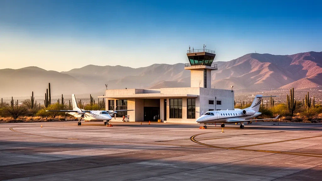 Meksika'nın Puebla kentindeki Tehuacán Ulusal Havalimanı'nın beton apronu ve alçak terminal binası, altın saatlerde yarı kurak kaktüs vadisinin dağlarıyla çevrili