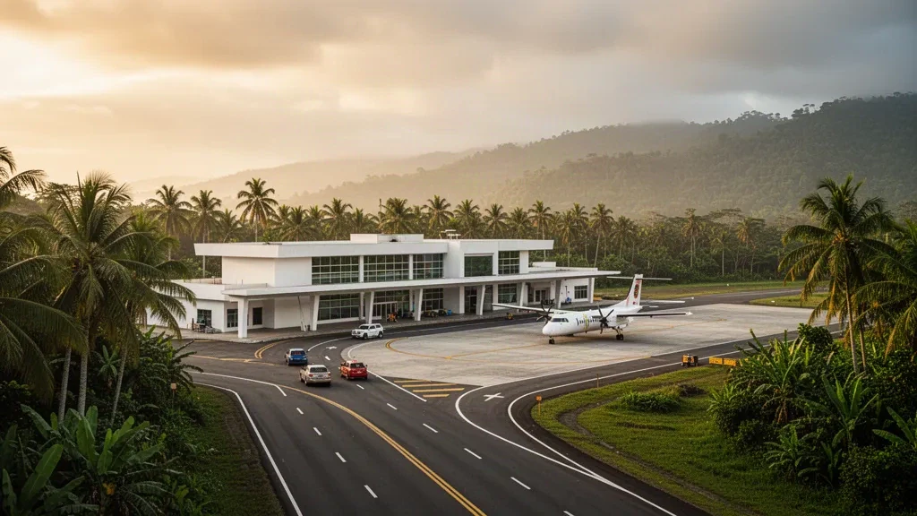 Extérieur d'un terminal moderne à l'aéroport La Florida à Tumaco, en Colombie, encadré par la végétation tropicale de la côte Pacifique sous une lumière chaude de fin d'après-midi