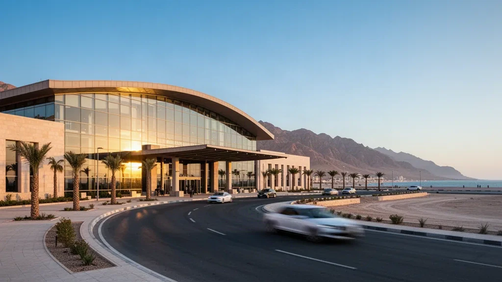 Esterno moderno in vetro e pietra del terminal dell'Aeroporto Internazionale di Taba nel Sinai meridionale, in Egitto, con montagne desertiche e calda luce dorata del tramonto