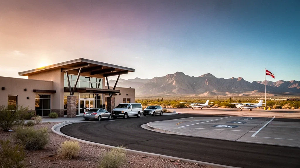 Terminal in der niedrigen Wüste und ruhiges Vorfeld am Truth or Consequences Municipal Airport unter dem Himmel der Berge von New Mexico
