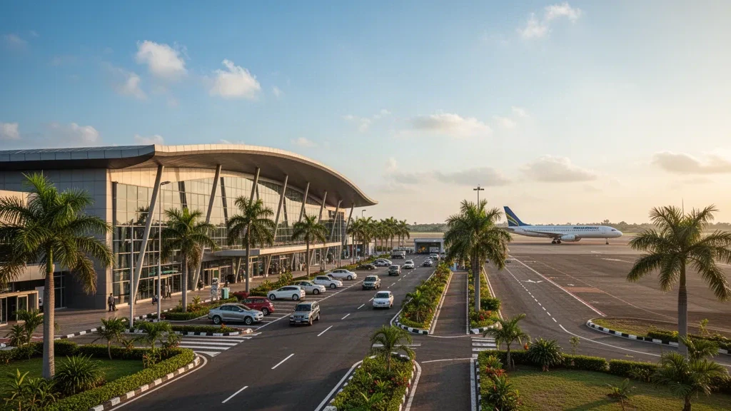 Exterior de una terminal moderna de vidrio y carril de descenso tropical en el aeropuerto de Tuticorin, en Tamil Nadu, durante la hora dorada.