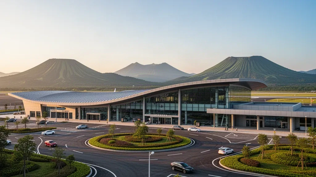 Modern curved terminal and drop-off lanes at Tengchong Tuofeng Airport in Yunnan, framed by green hills under warm golden-hour light.