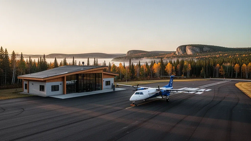 Ontario'daki Terrace Bay Havaalanı'nda küçük bölgesel terminal ve sakin pist, Superior Gölü kıyısının üzerinde boreal ormanla çevrili.