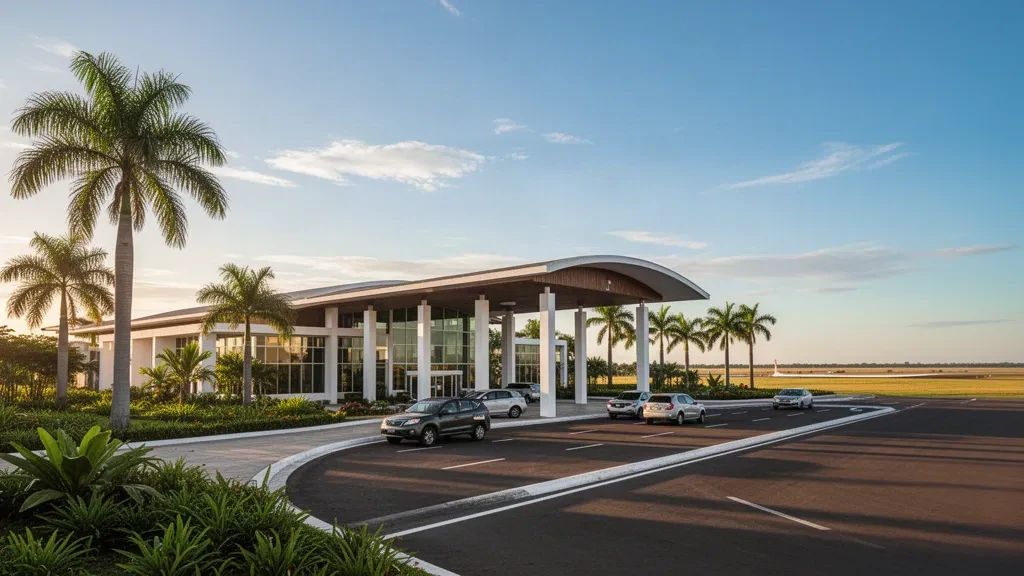 Extérieur moderne du terminal de l'aéroport Teniente Jorge Henrich Arauz à Trinidad, en Bolivie, entouré de palmiers tropicaux et d'une lumière chaude d'après-midi