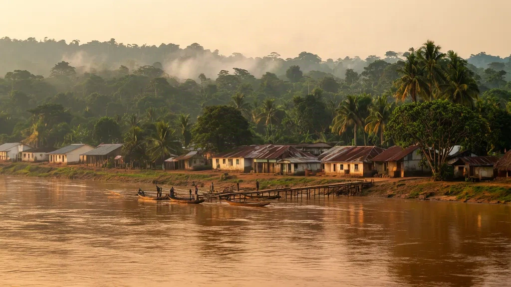 Vista al atardecer de Boende sobre el río Tshuapa en la selva de la cuenca del Congo, con piraguas de madera a lo largo del embarcadero ribereño.