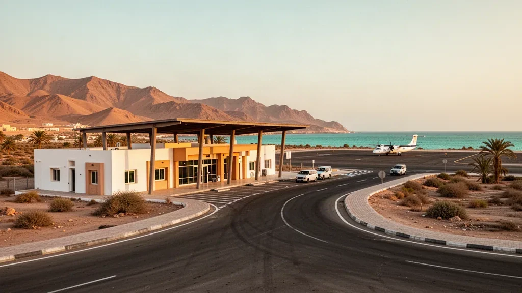Vista durante la hora dorada de la pequeña terminal moderna, la plataforma y la carretera de acceso del aeropuerto de Tadjoura en Yibuti, con colinas áridas y el golfo de Tadjoura al fondo.