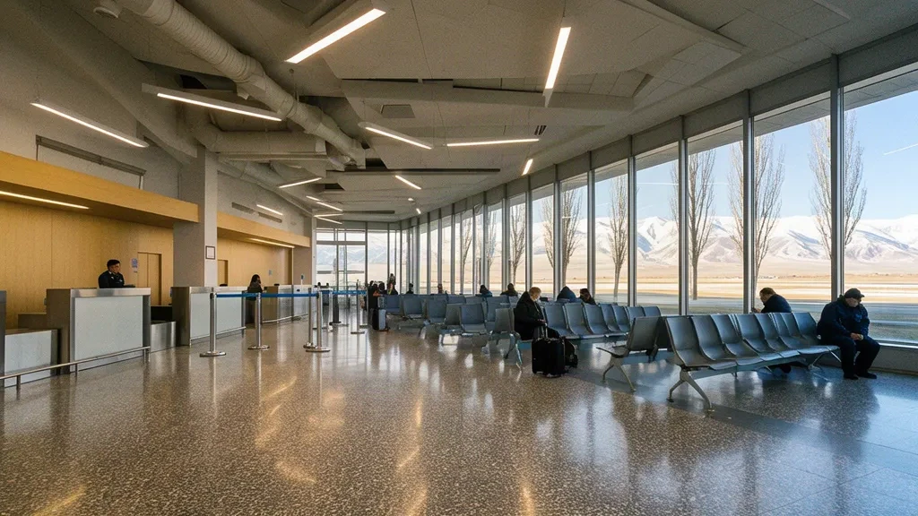 Interior luminoso de la sala de embarque del aeropuerto de Taldykorgan TDK, en Kazajistán, con mostradores de facturación, asientos y vistas a las montañas