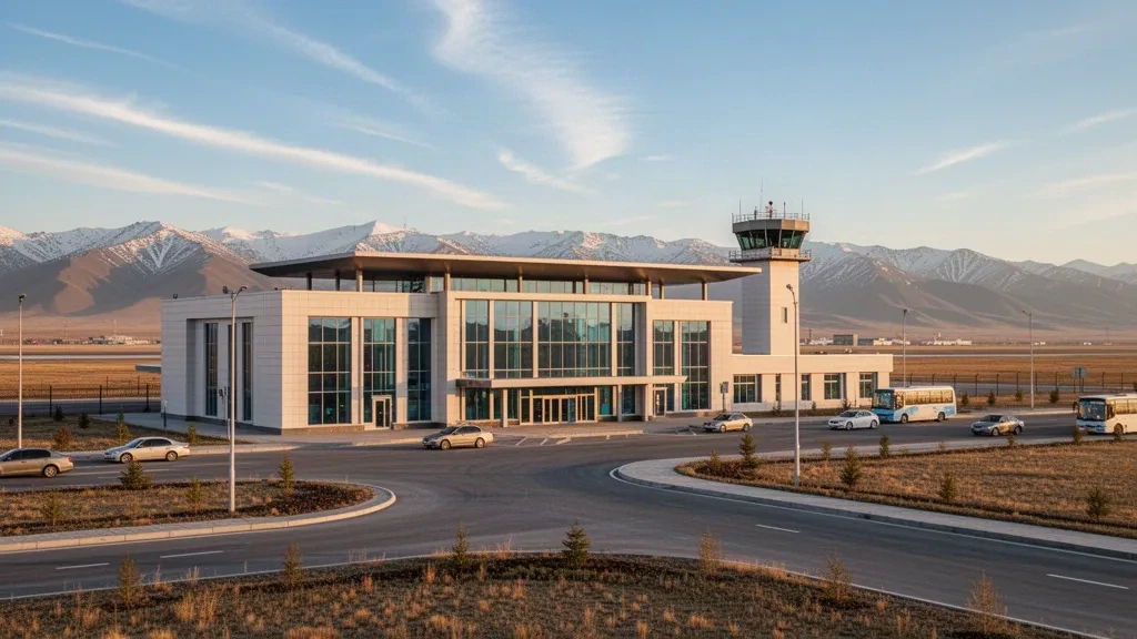 Extérieur du terminal moderne de l'aéroport de Taldykorgan et voie de dépose dans la région de Jetyssou au Kazakhstan à l'heure dorée
