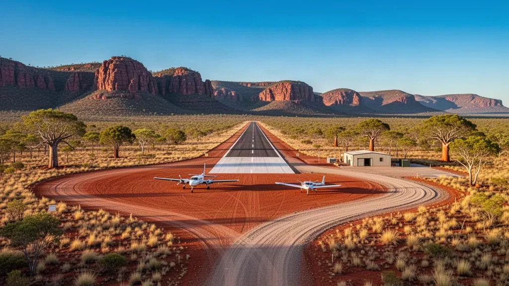 Abgelegene Outback-Landepiste bei Theda Station im Kimberley in Western Australia mit Kleinflugzeug, rotem Erdboden und zerklüfteten Felswänden zur goldenen Stunde