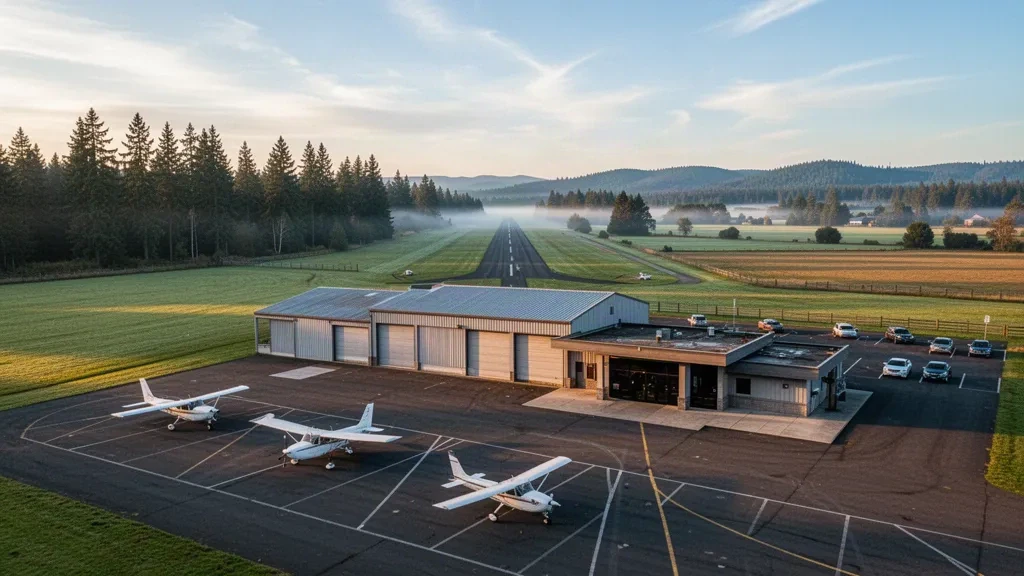 Piccolo campo di aviazione generale con hangar e pista presso South Lewis County Airport a Toledo, Washington, all'alba