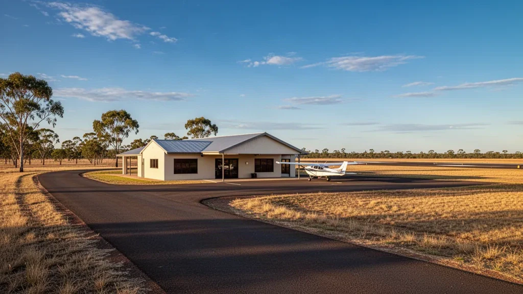 Low terminal building, apron and access road at Theodore Airport in rural Queensland, Australia