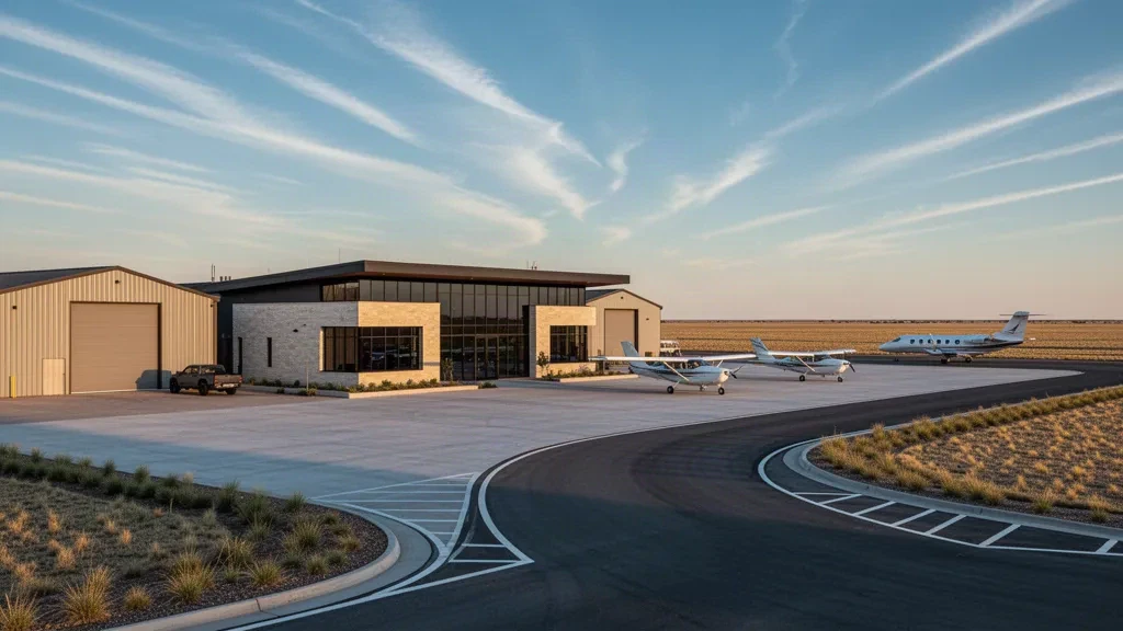 Terminal e piazzale dell'aeroporto di Tradewind ad Amarillo, Texas, durante l'ora d'oro con hangar, aerei leggeri e l'ampio cielo del panhandle