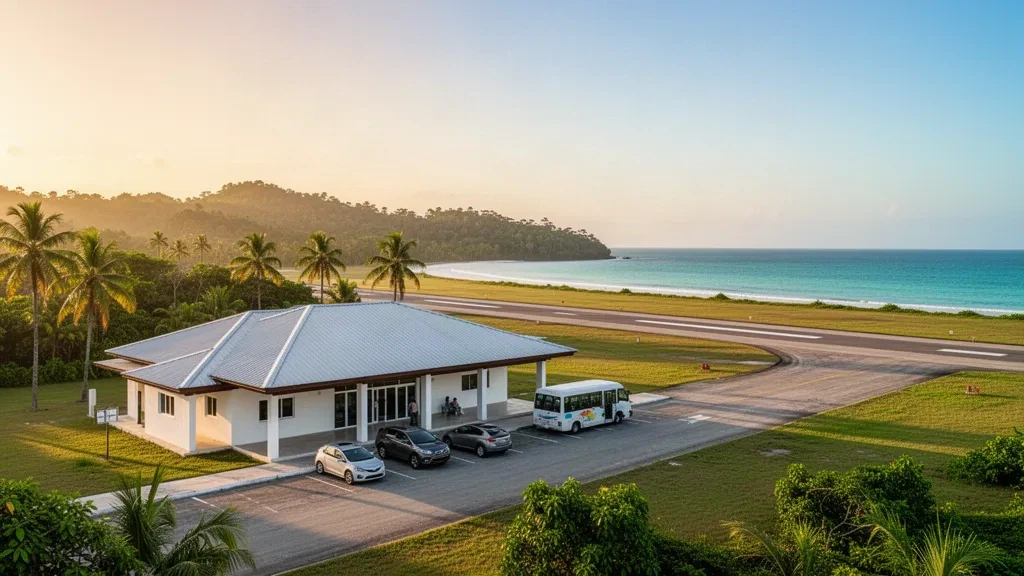 Kleines tropisches Terminal und Startbahn am Flughafen Tela in Honduras, umrahmt von Palmen und Karibikküste zur goldenen Stunde