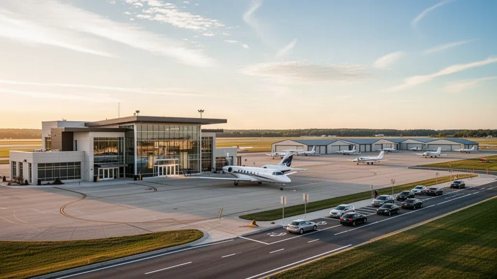 Moderno terminal executive dell'Aeroporto Toledo Executive in Ohio con un jet aziendale sulla pista durante l'ora d'oro.