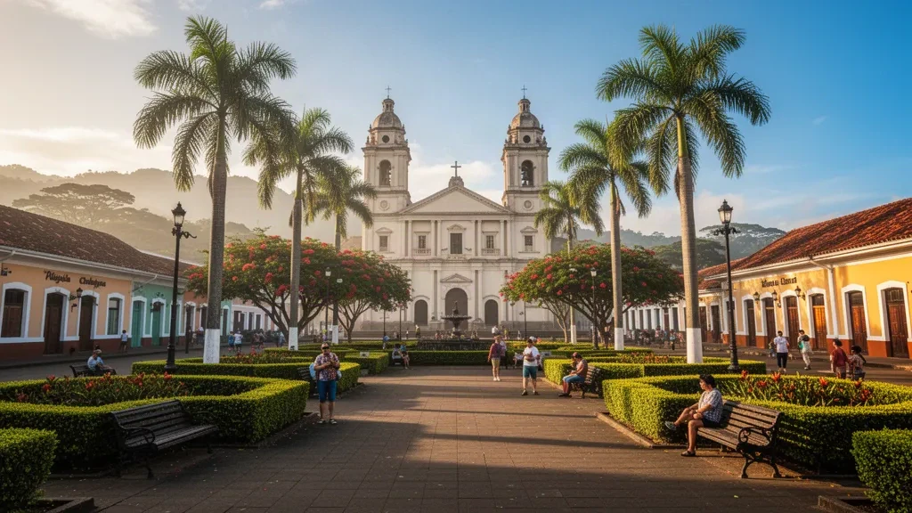 Zentralpark und Kathedrale von Alajuela in Costa Rica, eingerahmt von Palmen und historischen pastellfarbenen Gebäuden im warmen tropischen Nachmittagslicht