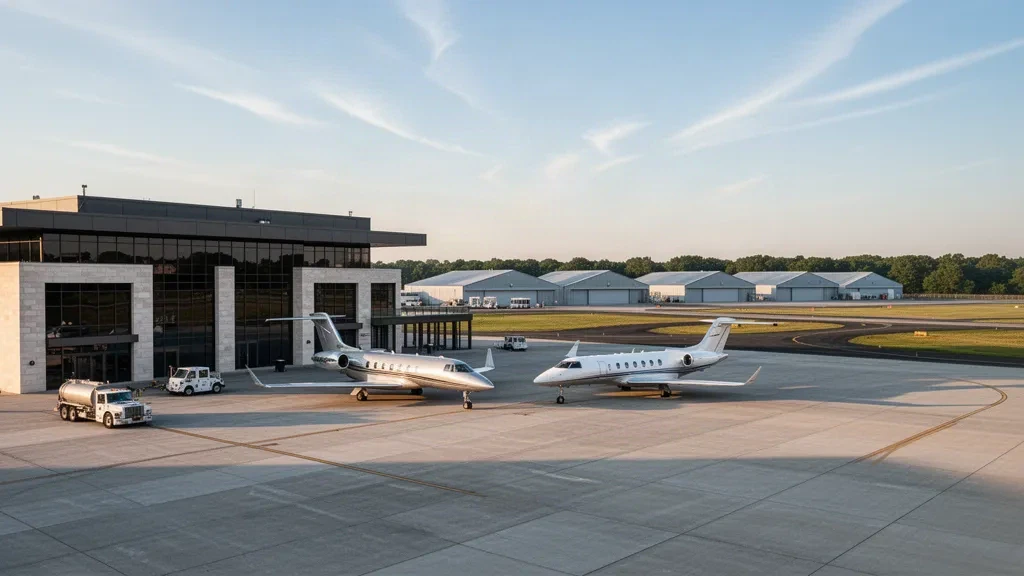 Business-Jets, die während der goldenen Stunde auf dem Vorfeld neben einem modernen Terminal am Flughafen Teterboro in New Jersey parken