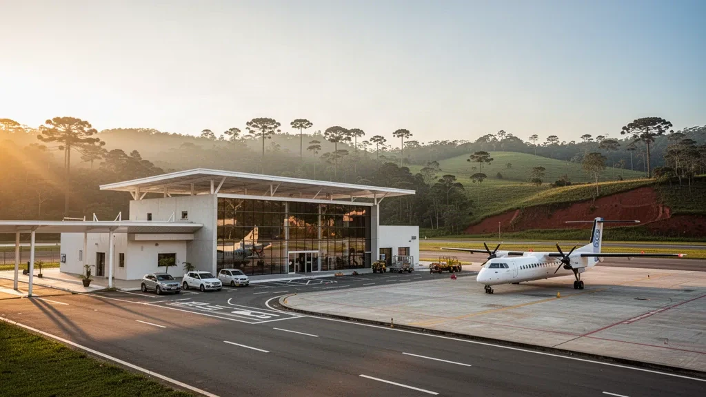 Terminal regional moderna y plataforma en el Aeropuerto de Telêmaco Borba, en Paraná, Brasil, con un turbohélice estacionado bajo la cálida luz de la hora dorada.