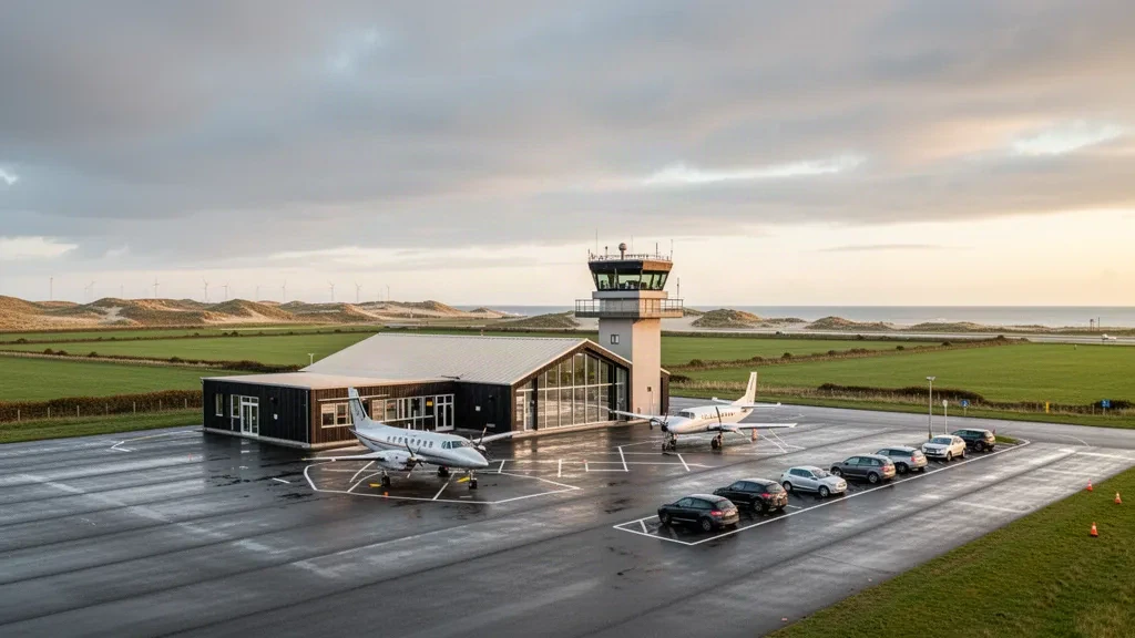 Petit terminal d'aéroport régional nordique, tarmac et avions stationnés à l'aéroport de Thisted au Danemark sous une douce lumière dorée côtière