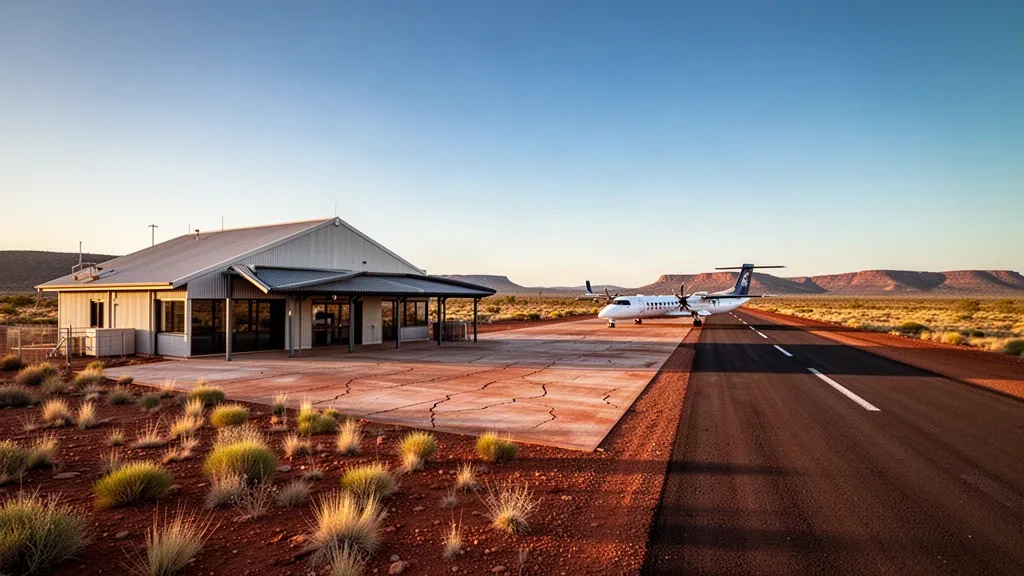 Pista remota del outback de Pilbara en el aeropuerto de Telfer, en Australia Occidental, con suelo desértico rojo, una pequeña terminal y una aeronave chárter estacionada durante la hora dorada.