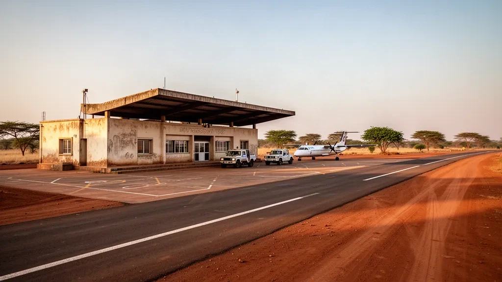 Edificio terminal bajo y plataforma tranquila en el aeropuerto de Tenkodogo, en Burkina Faso, bajo la cálida luz dorada del Sahel