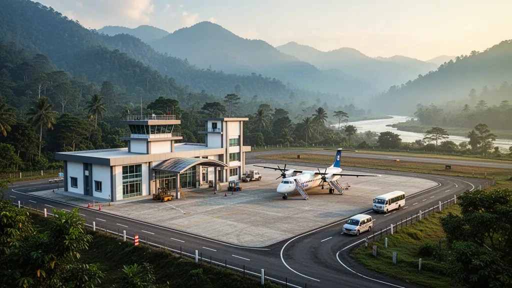 Small modern terminal and apron at Tezu Airport in Arunachal Pradesh, framed by green forested Himalayan foothills at sunrise