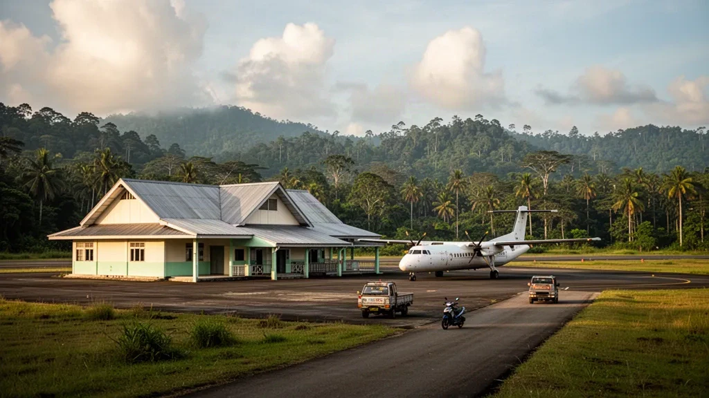 Small tropical airport terminal and short runway at Telupid Airport in Sabah, Malaysia, ringed by rainforest hills