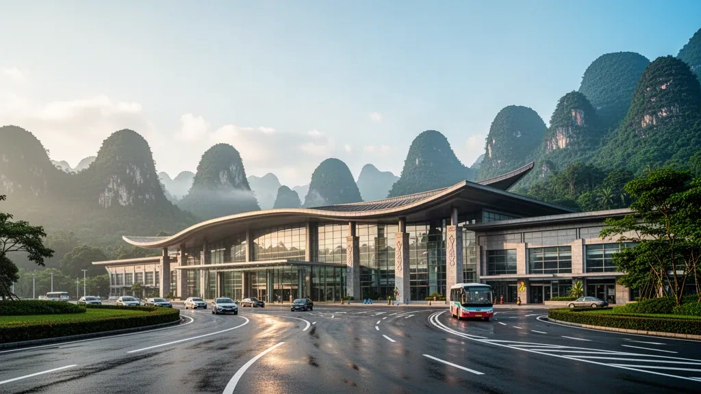 Moderno terminal in vetro e corsia di sosta per la riconsegna passeggeri all'Aeroporto di Tongren Fenghuang nel Guizhou, Cina, incorniciati dalle verdi colline carsiche durante l'ora d'oro