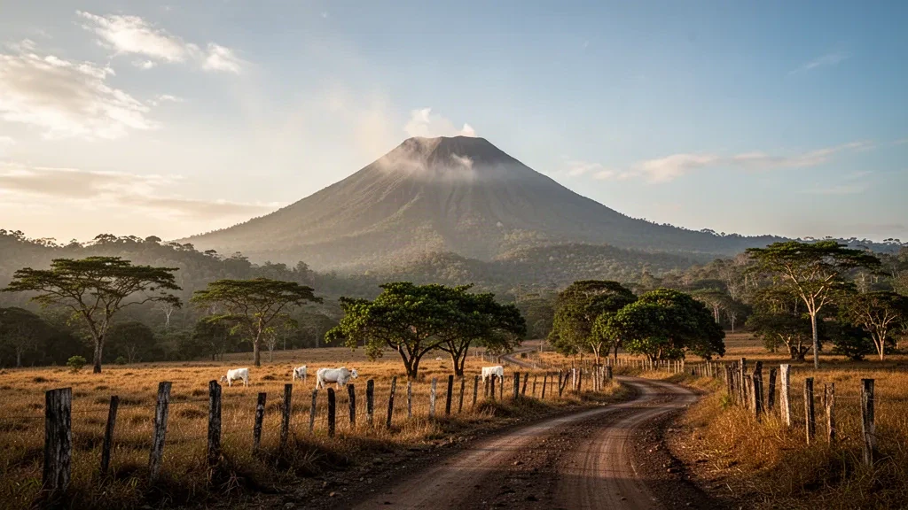 Vista durante la hora dorada del volcán Rincón de la Vieja elevándose sobre el bosque tropical seco y el paisaje de sabana de Guanacaste en Costa Rica