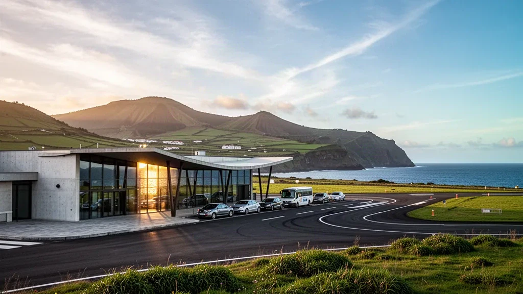 Modern glass terminal exterior and drop-off lane at Lajes Airport on Terceira Island, Azores, with green volcanic hills and the Atlantic Ocean behind