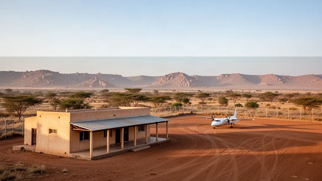 Terminal de poca altura y plataforma polvorienta en el aeropuerto de Tessenei, en el oeste de Eritrea, rodeados de colinas áridas de semi-desierto a la hora dorada.