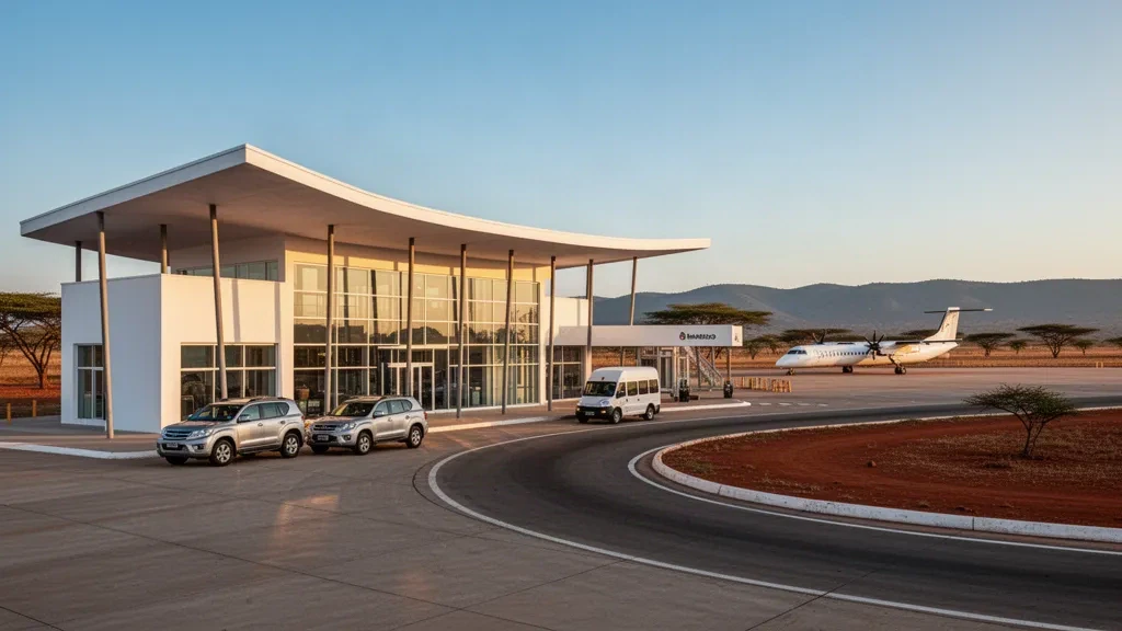 Extérieur d'un terminal moderne à l'aéroport de Tete au Mozambique, avec une voie de dépose, des avions régionaux stationnés et des collines de savane sèche sous une lumière chaude d'après-midi