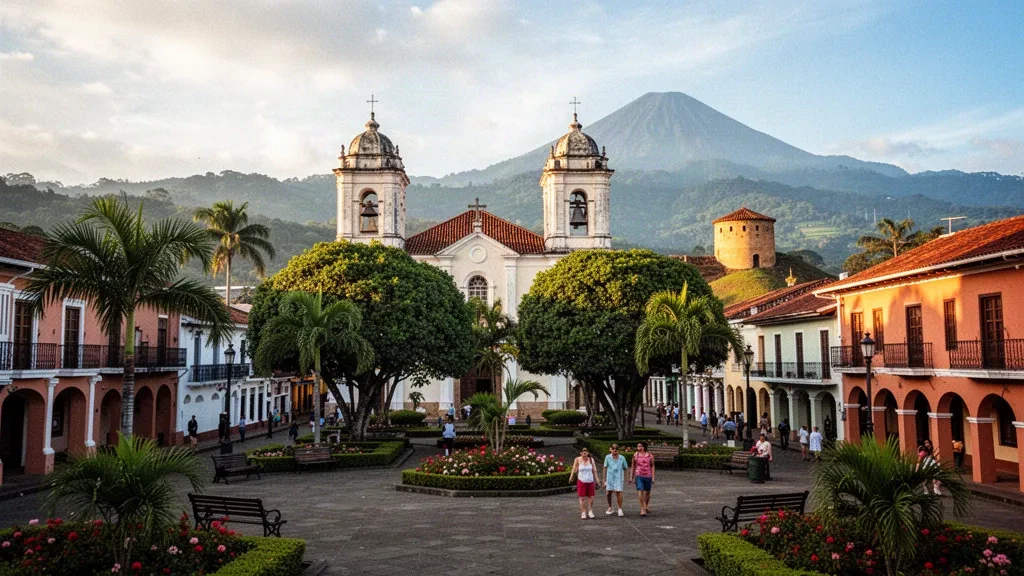 Golden-hour view of Heredia's central plaza in Costa Rica with the colonial church towers, palms and green Central Valley mountains beyond