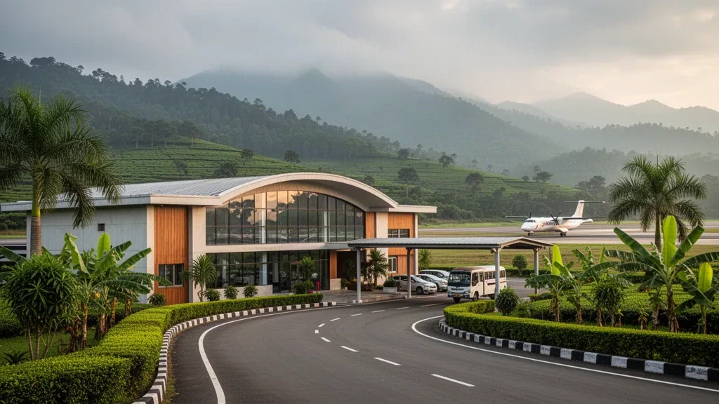 Terminal moderne de l'aéroport de Tezpur en Assam, entouré de verdure tropicale, avec des voies de dépose incurvées et une lumière chaude de fin de journée