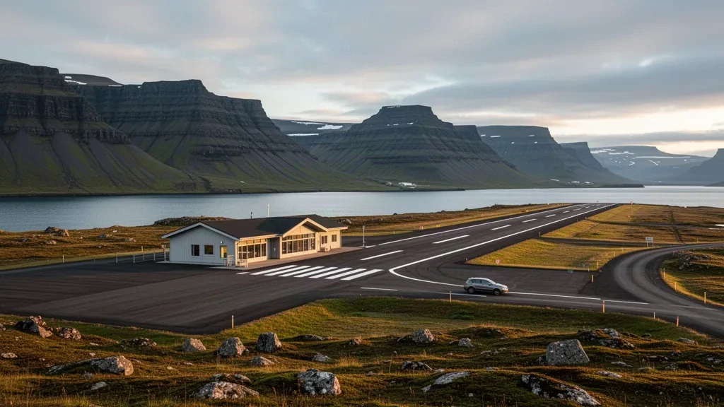 Petit terminal et piste de l'aéroport de Þingeyri dans les Westfjords en Islande, encadrés par des montagnes escarpées et les eaux du fjord