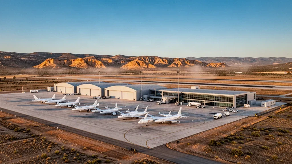 Vista amplia de la plataforma del aeropuerto de Teruel con aviones almacenados, hangares y pista en la árida meseta de Aragón durante la hora dorada