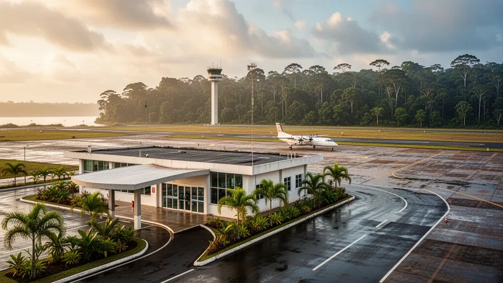 Kleines Amazonas-Flughafenterminal in Tefé, Brasilien, mit einem Turboprop-Flugzeug auf dem Vorfeld und Regenwald in warmem Licht des späten Nachmittags