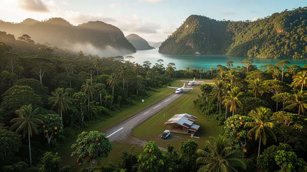 Pista remota del aeropuerto de Tufi en Papúa Nueva Guinea rodeada de colinas selváticas y entrantes tropicales similares a fiordos al amanecer