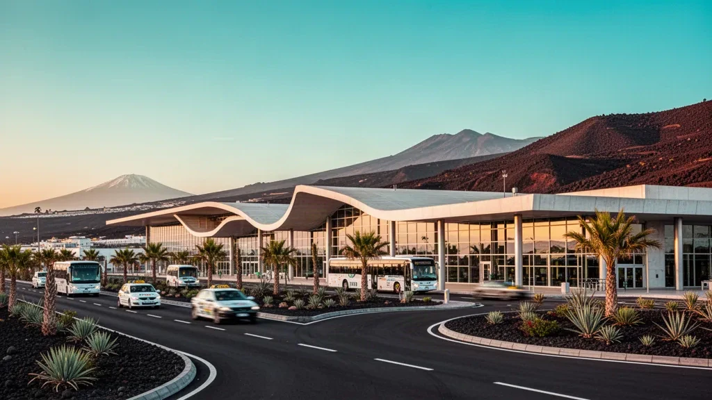 Modern glass terminal exterior and drop-off lanes at Tenerife South Airport with volcanic hills at golden hour