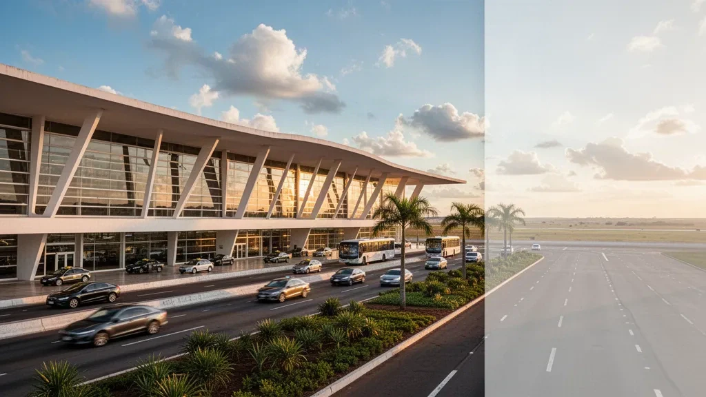 Esterno moderno in vetro del terminal dell'aeroporto internazionale Juscelino Kubitschek di Brasília all'ora d'oro con corsie per la salita e strade alberate di palme