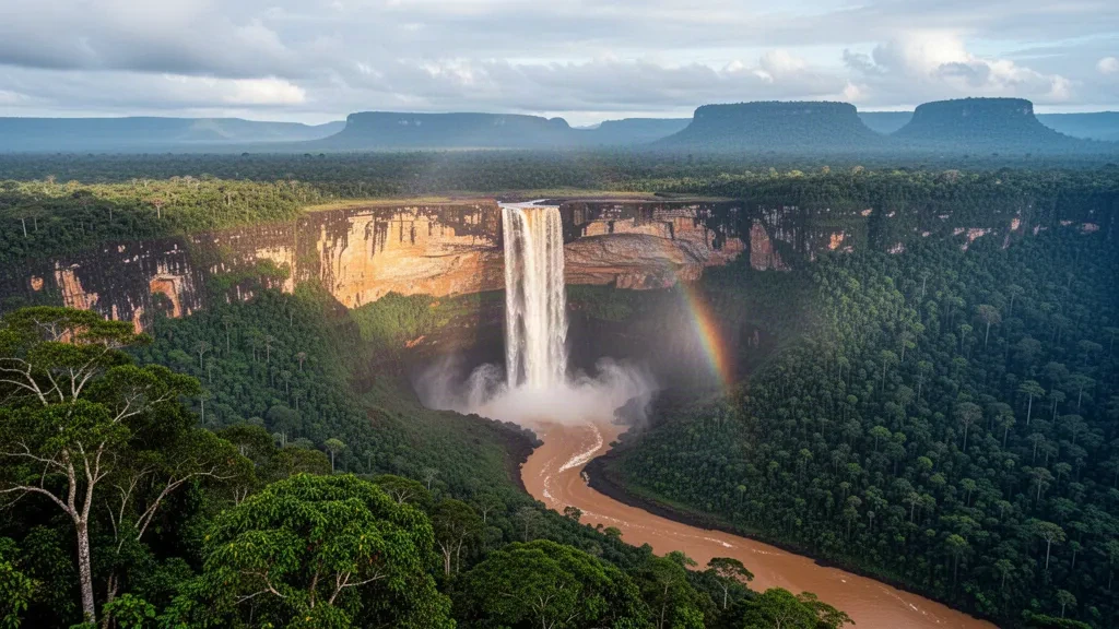 Las cataratas Kaieteur precipitándose en el cañón del río Potaro, rodeadas de densa selva tropical guyanesa bajo un cielo tropical brumoso de tarde