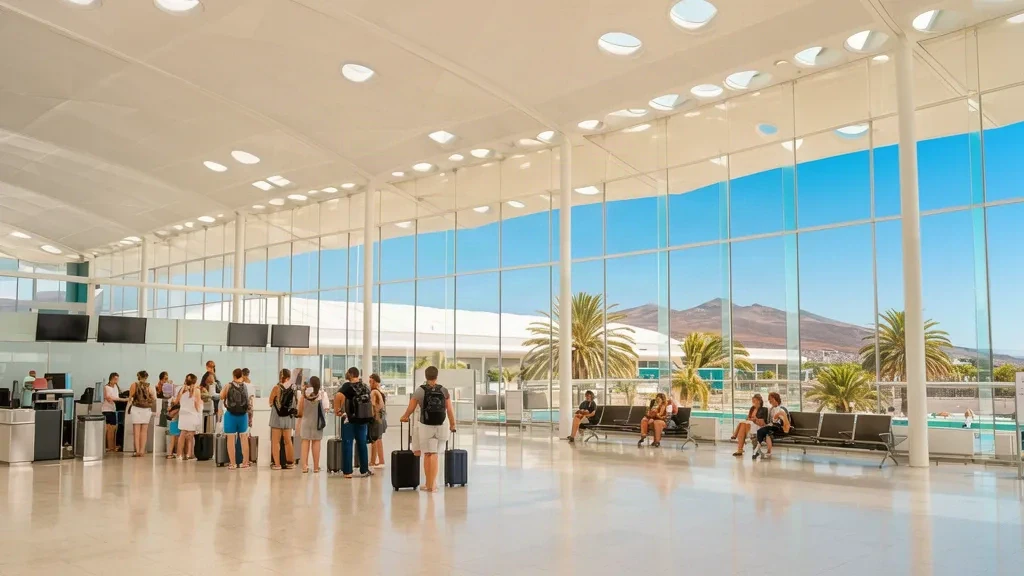 Sala de embarque iluminada por el sol dentro del aeropuerto de Tenerife Sur TFS con techos blancos abovedados, claraboyas y viajeros facturando