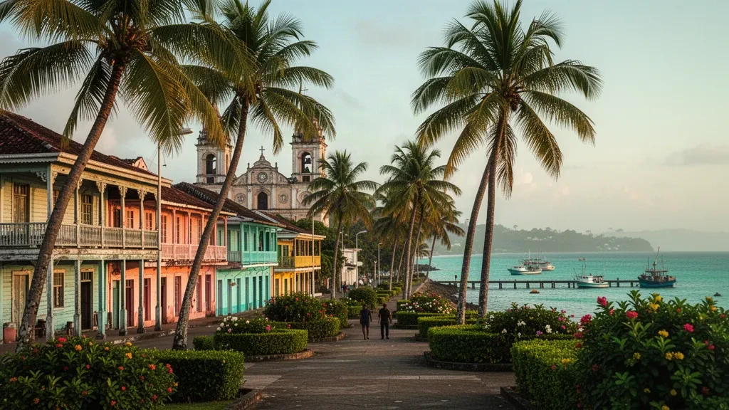 Palmen gesäumter Platz am Meer und Glockentürme der Kathedrale in Puerto Limón, Costa Rica, an der Karibischen See