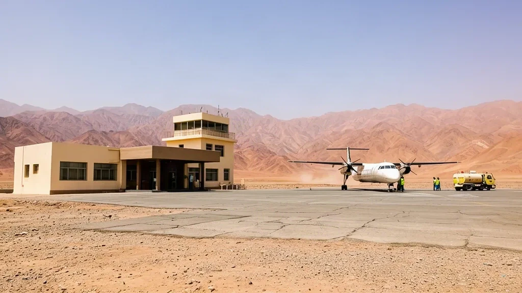Pakistan, Belucistan'daki Taftan Havalimanı'nda küçük çöl terminal binası ve tozlu apron; kurak dağlar ve sert öğle ışığı