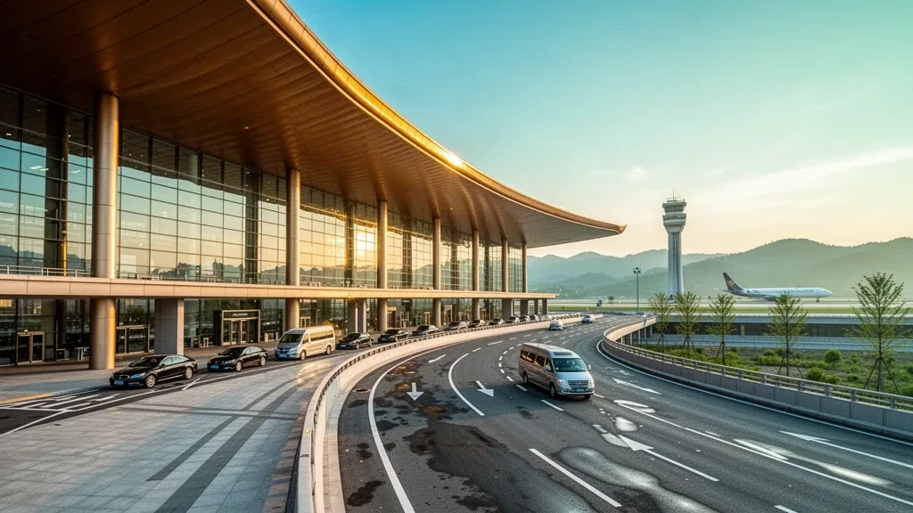 Terminal de cristal con tejado dorado curvo y carriles de descenso en el Aeropuerto Internacional de Chengdu Tianfu durante la hora dorada